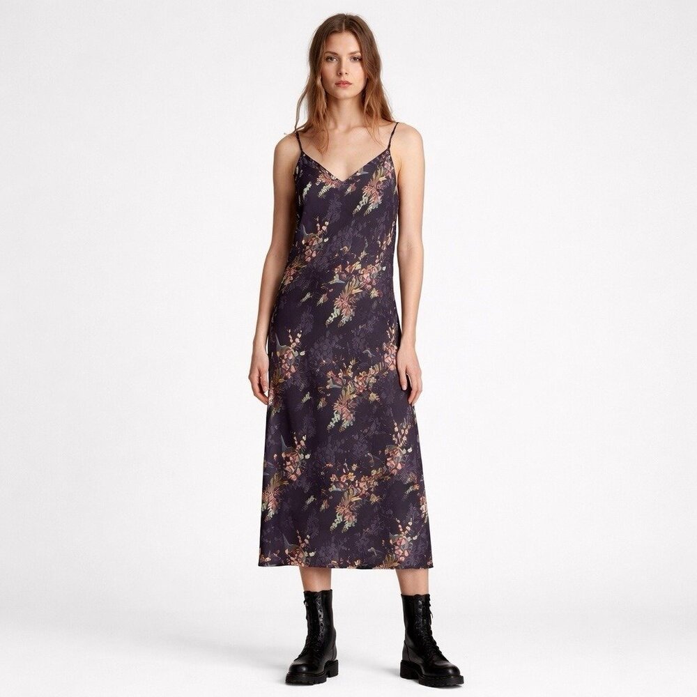 All Saints Midi Slip Dress L Tierny Melisma Floral Bird Print Satin Whimsical